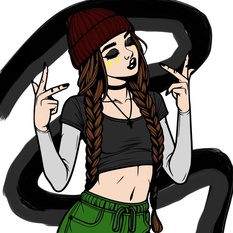realistic teenage girl with braids and a beanie and crop top doing 🫶🏼