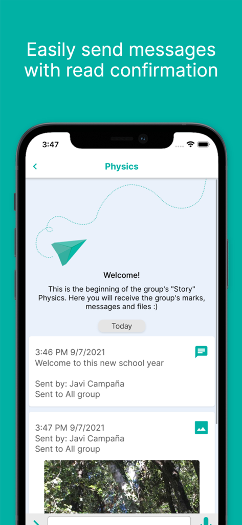 Edvoice - School communication - Interfaz de la aplicación Edvoice mostrando un chat grupal de clase de física con mensajes de bienvenida y fotos compartidas.