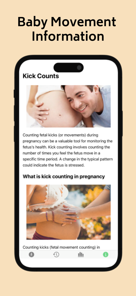 A mobile app screen displaying educational information and tips about baby kick counting during pregnancy