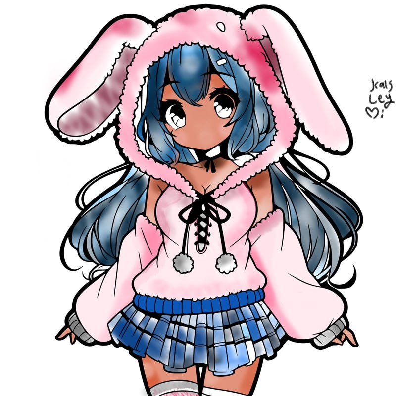 pretty anime girl wearing a fluffy hoodie with bunny ears on the hood and a skirt