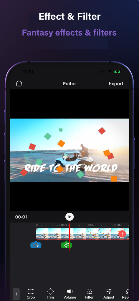 Flipagṙam - Flipagṙam GenVideo editor interface showing fantasy filters and effects applied to a video timeline.