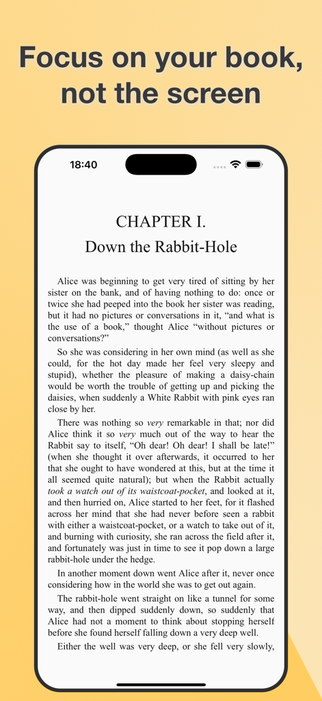 handyREADER: Audiobook & eBook - Un smartphone que muestra una interfaz de lectura de libros electrónicos sin distracciones en la aplicación handyREADER