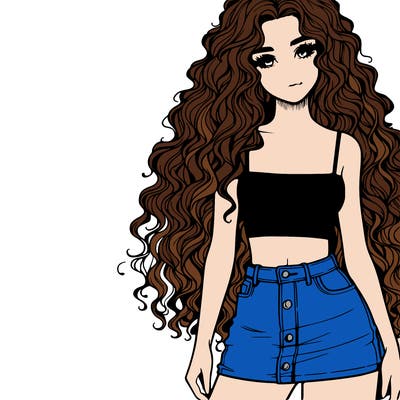 realistic girl with long curly hair with mini skirt and crop top