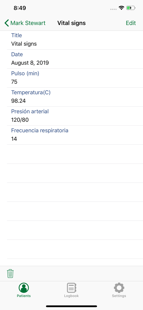 bitacora: patient's logbook - Pantalla de aplicación móvil que muestra un registro de signos vitales clínicos para un paciente, incluidas las mediciones de pulso y presión arterial.
