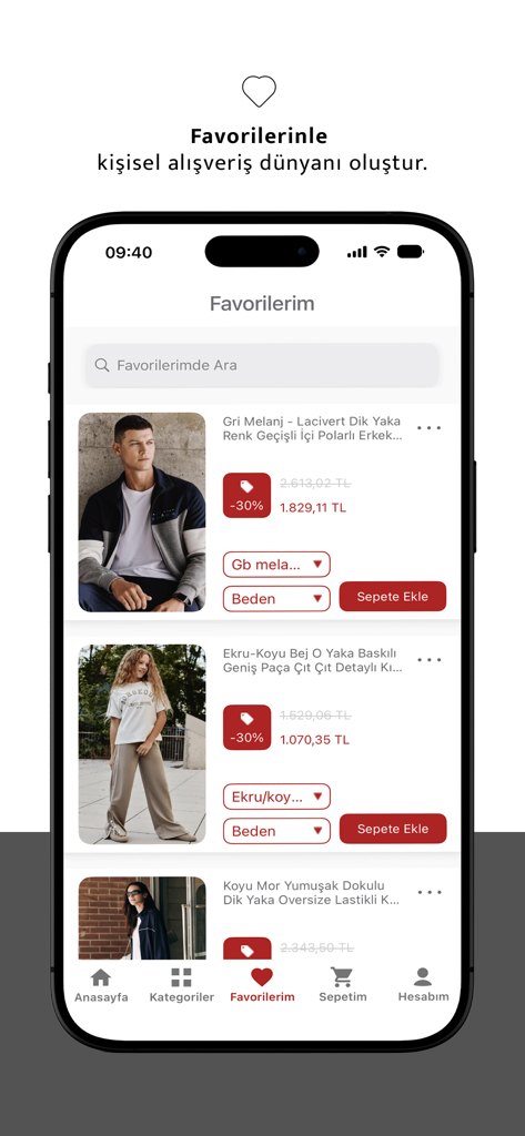 Interface de l'application mobile TOMMYLIFE montrant une liste d'articles de vêtements de sport préférés avec des photos de produits et des prix