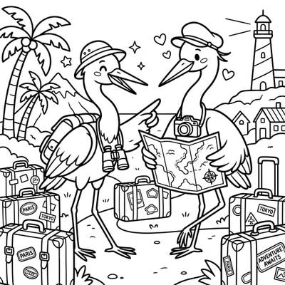 Embark on a delightful journey with these two charming herons as they explore new destinations. This vibrant coloring page is perfect for kids eager to add their creative touch to a fun travel adventure.