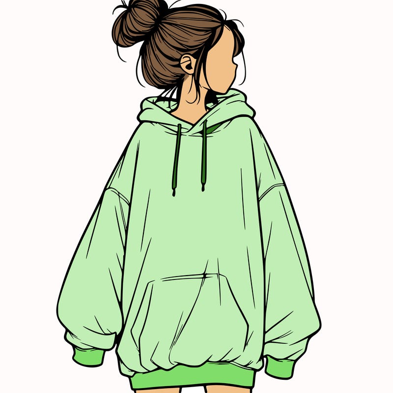 realistic girl with a oversized sweatshirt on and a bun