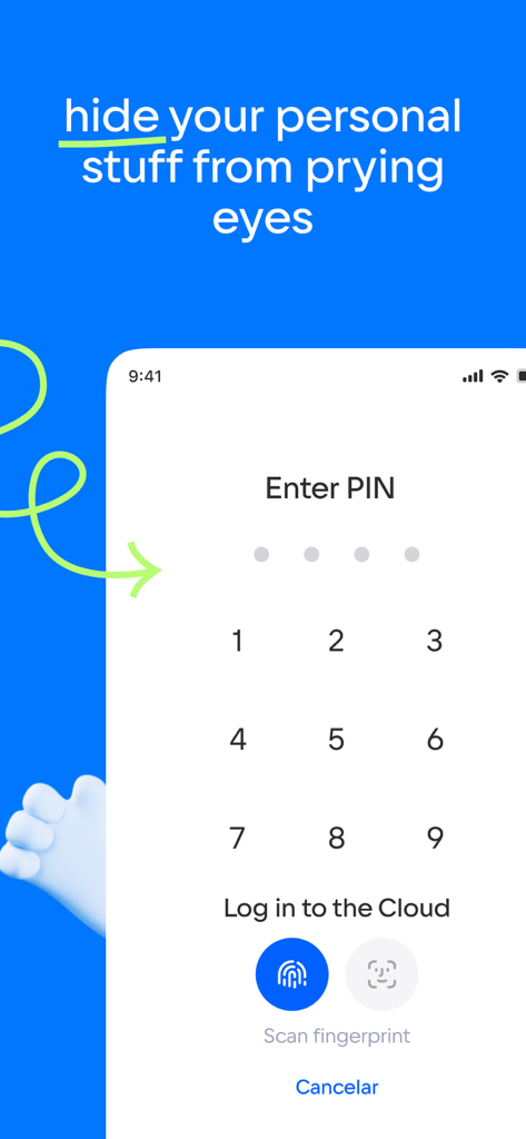 Secure cloud storage login screen with PIN and biometric options