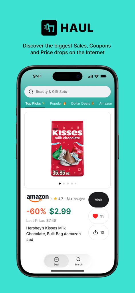 Interface de l'application Haul Shopping montrant une baisse de prix de 60 % sur les Hershey Kisses d'Amazon.