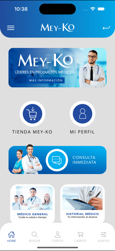 Meyko - Meyko app home screen showing options for immediate medical consultation and medical history.