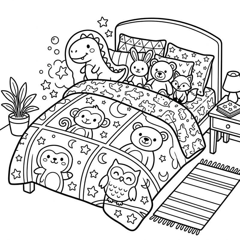 Step into a whimsical child's bedroom ready for your creative touch. This delightful coloring page features a cozy bed, a variety of cute plush toys, and playful bedding patterns.