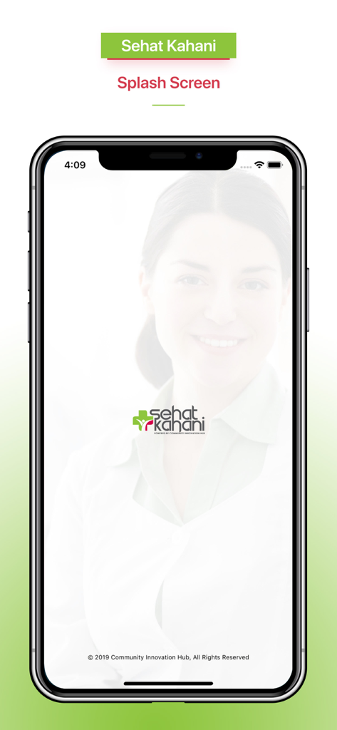 Tela de introdução do aplicativo Sehat Kahani Corporate apresentando o logotipo da empresa e uma médica sorridente ao fundo