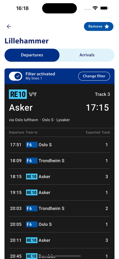 NÅ - Interface of the NA app showing real-time train departure schedules and track information for Lillehammer station.