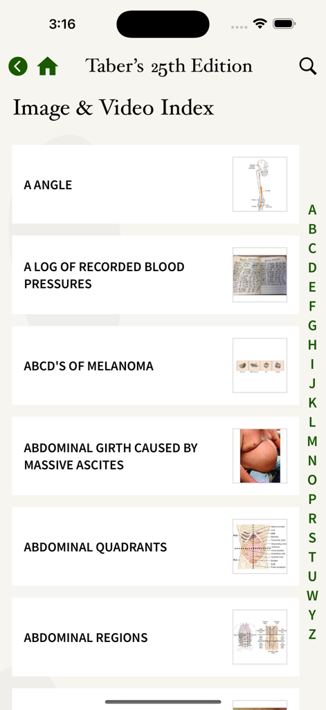Medical Dictionary 25th Ed. - Captura de pantalla del Índice de imágenes y videos en la aplicación Diccionario Médico Taber's, que muestra términos médicos buscables con ilustraciones.