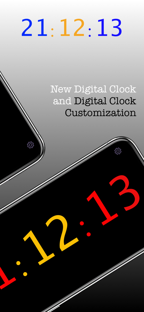 Flip Clock - Digital Clock - Two iPhones displaying customizable digital clock faces with vibrant colored numbers