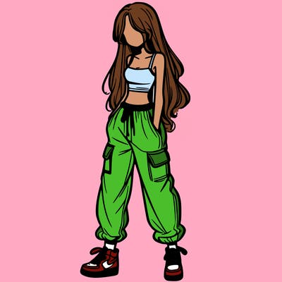 girl in baggy pants crop top and long hair