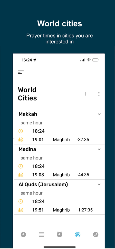 Salatuk app interface showing prayer times for various world cities like Makkah and Medina