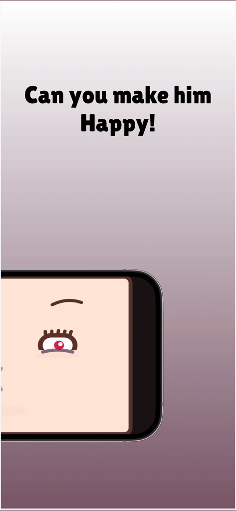 Close up of a cute virtual pet face on a smartphone screen with text asking to make him happy