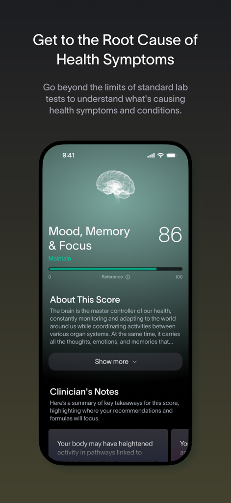 Viome - Viome app screen displaying a personalized health score for mood memory and focus