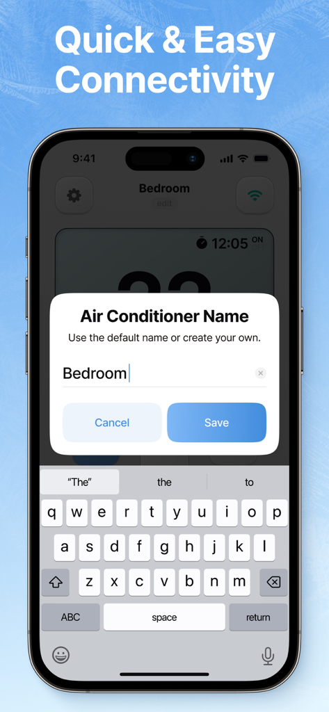 Smartphone screen showing a popup window to name an air conditioner unit in the AC Remote app