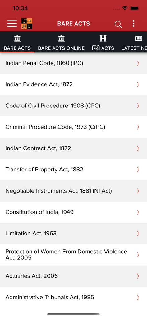 인도 법령 및 기본법 목록을 보여주는 LatestLaws 앱 인터페이스