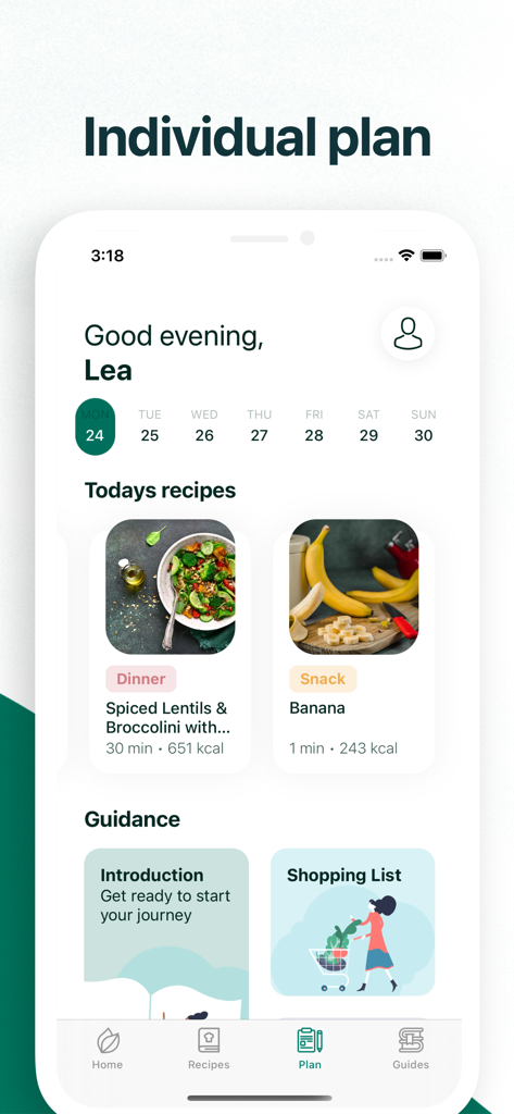 Simple Vegan app interface showing a personalized daily meal plan with recipes and shopping list features.