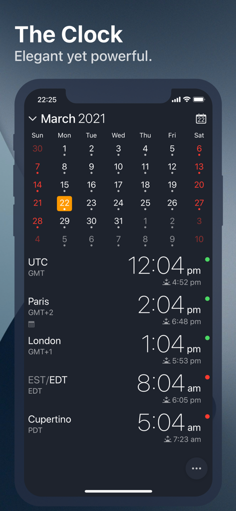 Interface of The Clock app showing a monthly calendar and multiple world clocks for Paris London and Cupertino with business hour indicators