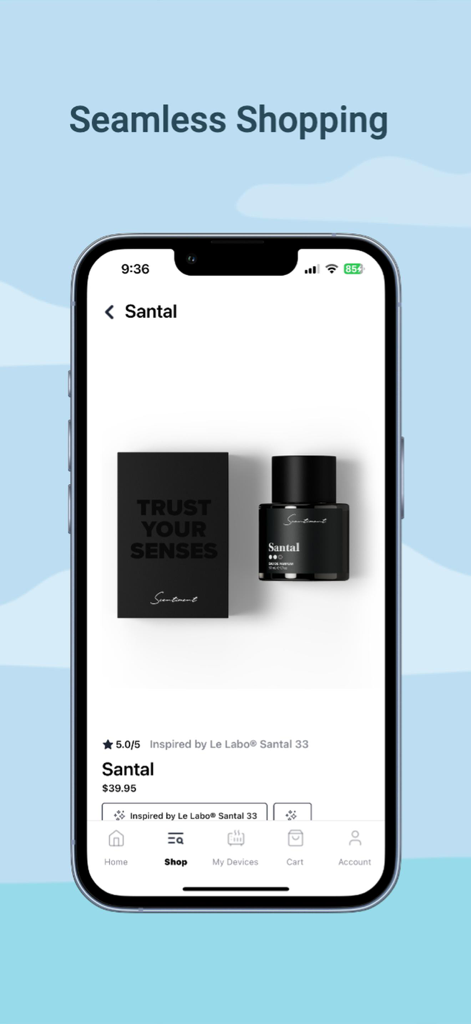 Scentiment 1.0 - Scentiment app interface displaying a product page for Santal fragrance with a black bottle and box.