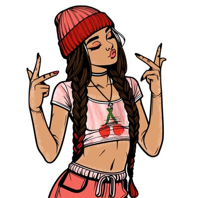 realistic teenage girl with braids and a beanie and crop top doing 🫶🏼
