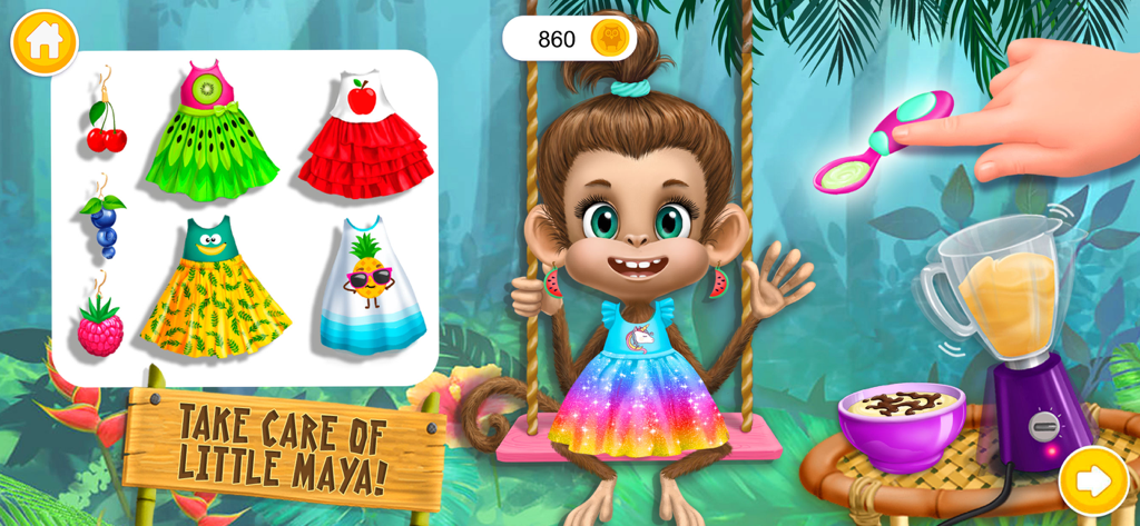 A monkey character named Maya being fed and dressed in colorful fruit-themed outfits in a jungle setting.