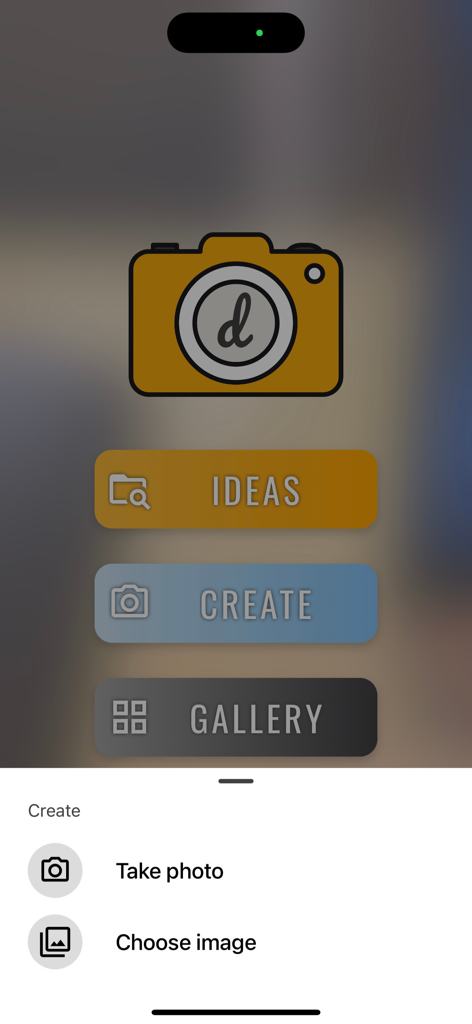 dittoed - Interface principal do aplicativo dittoed com opções para Ideias Criar e Galeria e um menu de seleção para tirar uma foto ou escolher uma imagem