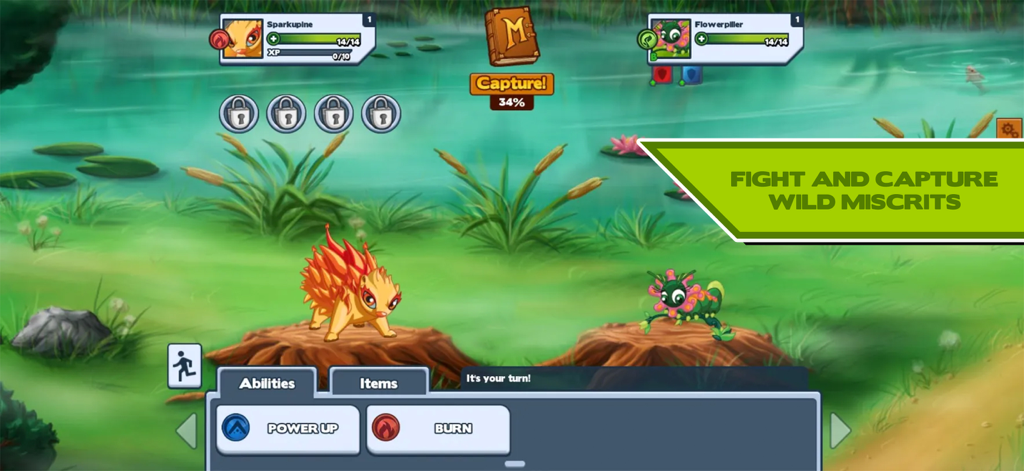 Miscrits - A turn-based battle in Miscrits featuring Sparkupine and Flowerpiller in a pond environment with capture and ability UI.