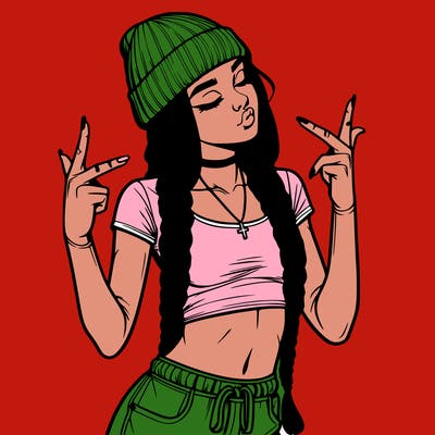 realistic teenage girl with braids and a beanie and crop top doing 🫶🏼