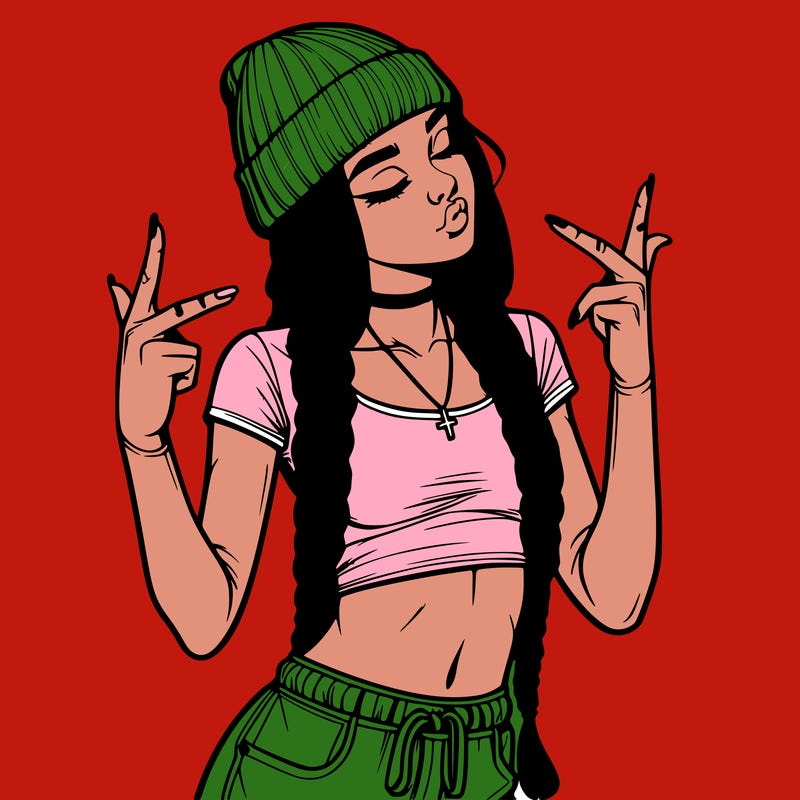 realistic teenage girl with braids and a beanie and crop top doing 🫶🏼