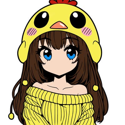 anime girl with chick shaped hat with sweater with bare shoulders with bangs covering them one eye with low tail