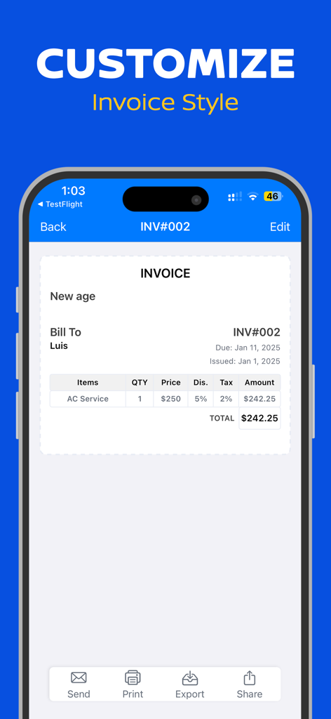 Invoice Maker: Receipt Tracker - Interfaz de aplicación móvil para personalizar estilos de facturas profesionales con opciones para enviar e imprimir