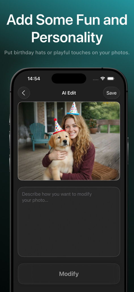 Image Generator - Photix - Smartphone screen showing Photix app AI editing feature with a woman and dog in birthday hats