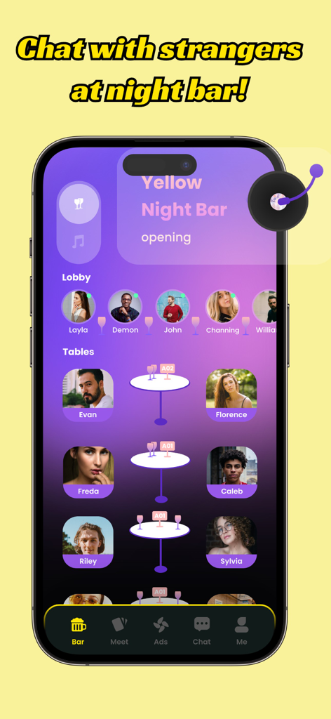 Interracial Dating - Yellow - Interface do Night Bar do aplicativo de namoro Yellow mostrando usuários em um saguão virtual e em mesas para conversar