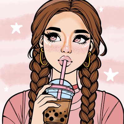 realistic girl with braided hair drinking boba