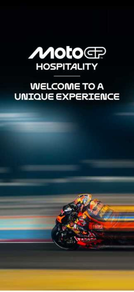 MotoGP™ Hospitality - Welcome screen of the MotoGP Hospitality app featuring a racing motorcycle