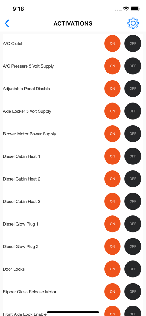 The activations menu in the OBD JScan app displaying toggle switches for various vehicle components like air conditioning and door locks