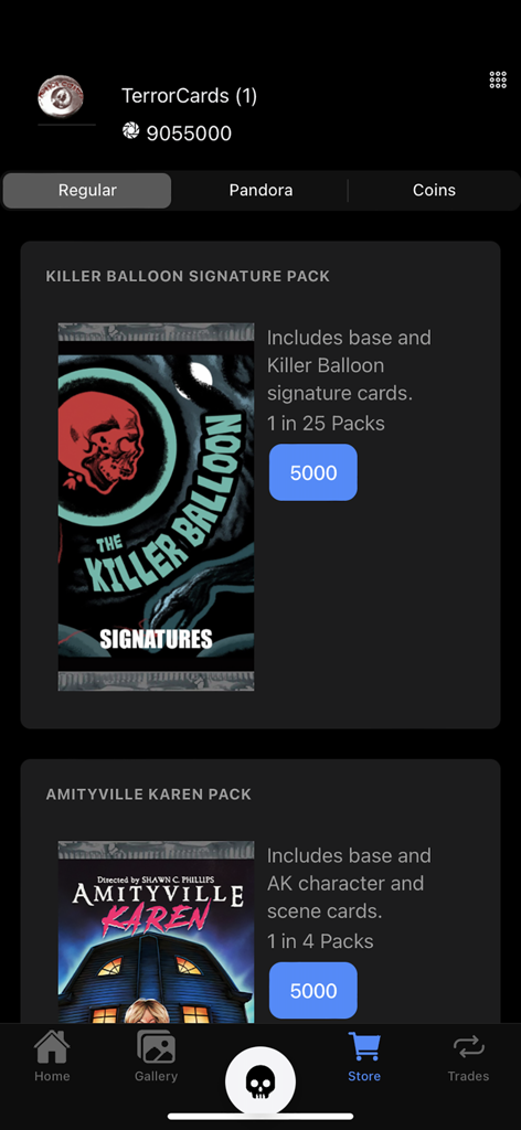 The in-app store of Terror Cards displaying collectible horror movie card packs including Killer Balloon and Amityville Karen