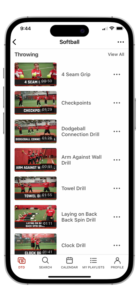 A list of softball throwing drills including the 4 seam grip and towel drill in the Dominate the Diamond app.