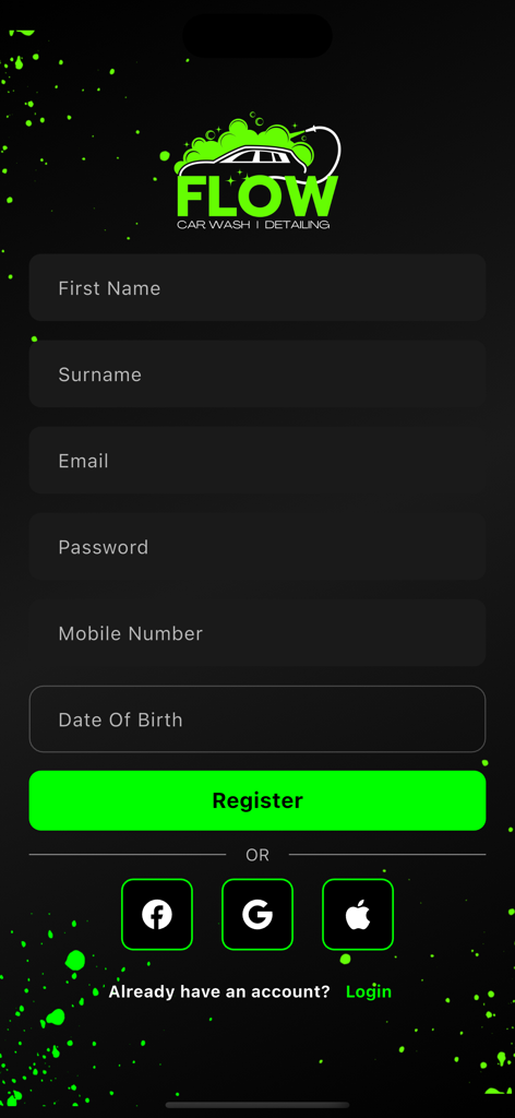 Flow Car Wash - Registration screen for Flow Car Wash app showing user sign up form and social media login buttons