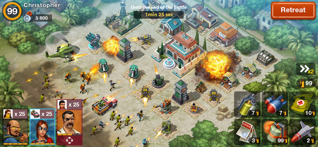 A strategic base attack in Narcos Cartel Wars featuring sicarios, a helicopter, and explosions during a combat mission.