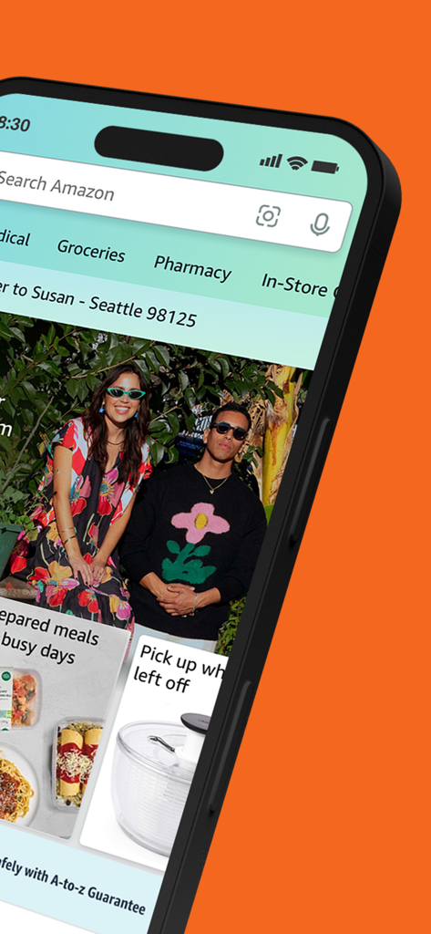 Amazon Shopping - Mobile interface of the Amazon Shopping app showing search bar and shopping categories.