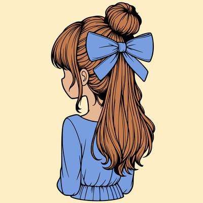 realistic girl  with hip length hair a bun and a big bow on the back of head