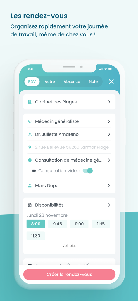 Maiia Pro - Mobile app interface of Maiia Pro showing medical appointment scheduling details and availability slots for a healthcare professional