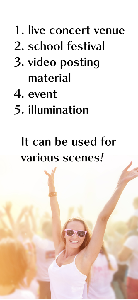 Lista de cenários de uso do aplicativo, como shows e criação de vídeo, com uma imagem de uma mulher feliz em um festival.