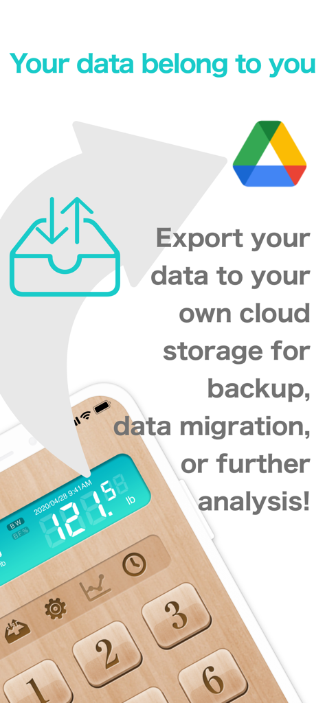 Pantalla de la aplicación Simple Weight que muestra opciones de exportación y copia de seguridad de datos en la nube